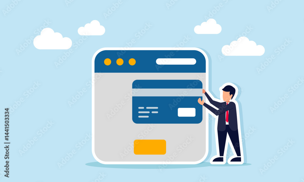 Businessman holding a credit or debit card standing next to an app interface, illustration of digitalization in the financial system for payment solutions Businessman holding a credit or debit card standing next to an app interface, illustration of digitalization in the financial system for payment solutions