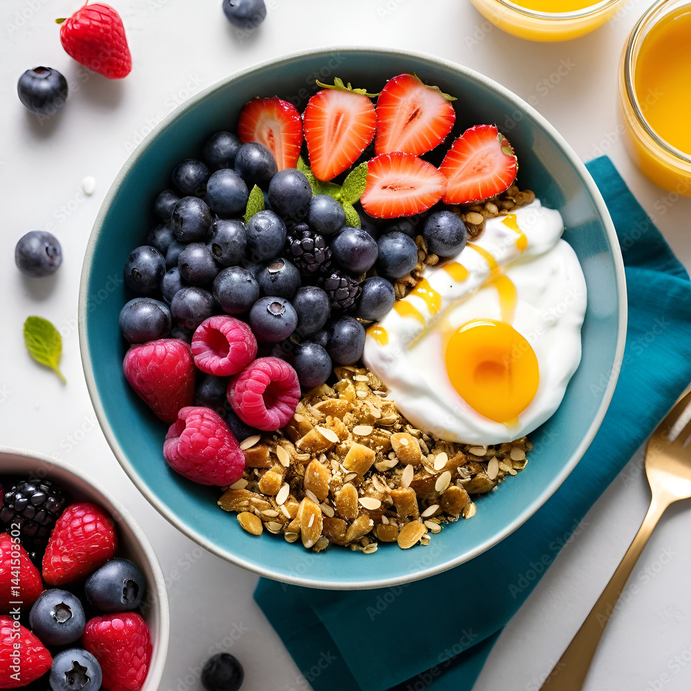 vibrant breakfast bowl with Greek yogurt, mixed berries, and a drizzle of honey, rich in protei