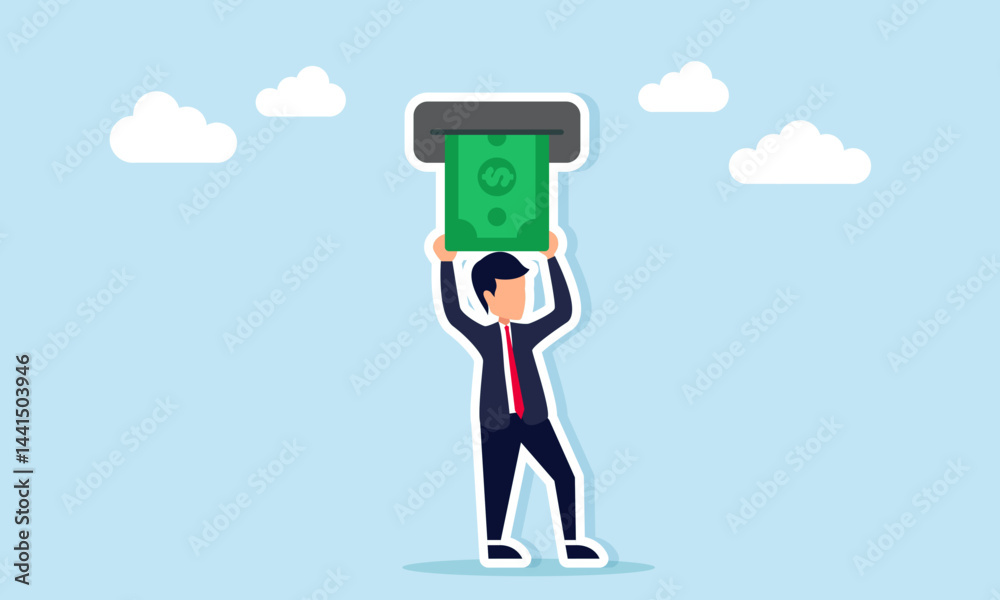 Businessman withdrawing money from an ATM, illustration of maintaining financial stability and ensuring access to secure and reliable cash flow management Businessman withdrawing money from an ATM, illustration of maintaining financial stability and ensuring access to secure and reliable cash flow management