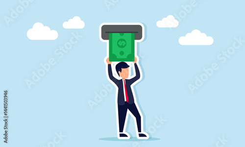 Businessman withdrawing money from an ATM, illustration of maintaining financial stability and ensuring access to secure and reliable cash flow management