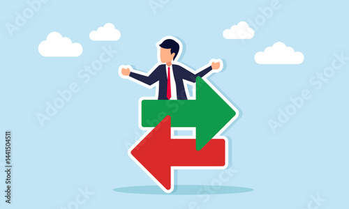 Businessman standing behind an icon of arrows pointing in opposite directions, illustration of business data exchange and information collaboration for growth