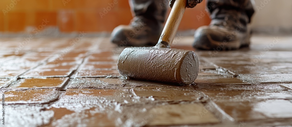 Worker Tamping Tile Flooring