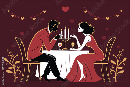 Create a stylized vector illustration of a romantic couple embracing in candlelight, emphasizing soft lines and a warm color palette.