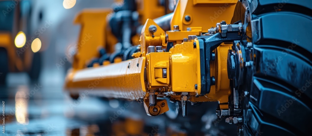 Yellow heavy machinery detail, outdoor, blurred background, industrial use