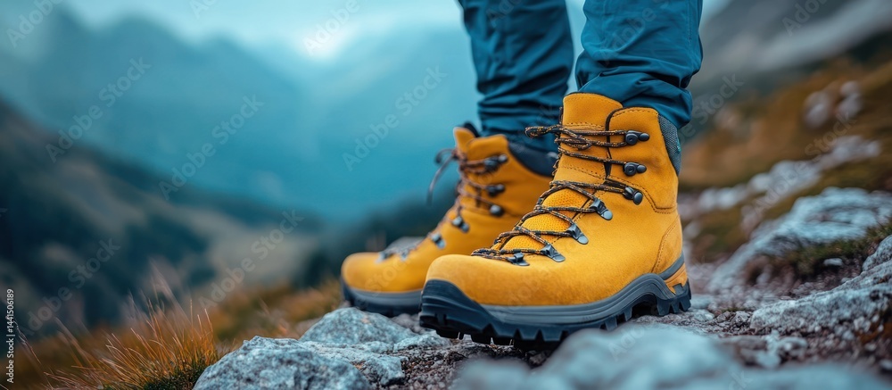 Yellow hiking boots on mountain peak, scenic view