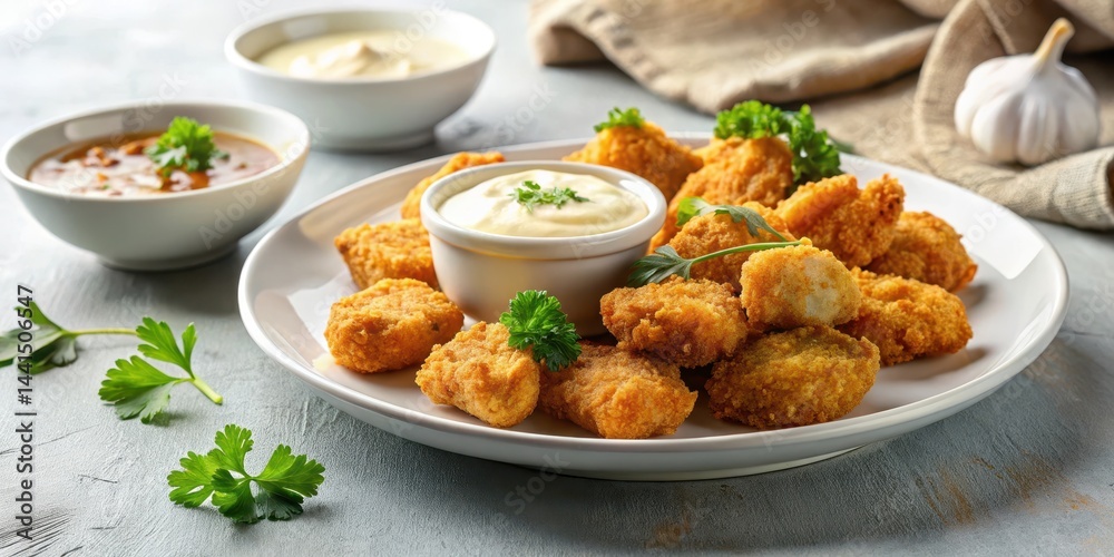 Crispy fried chicken nuggets on a white plate next to a bowl of creamy garlic sauce, sauce, chicken,  sauce, chicken