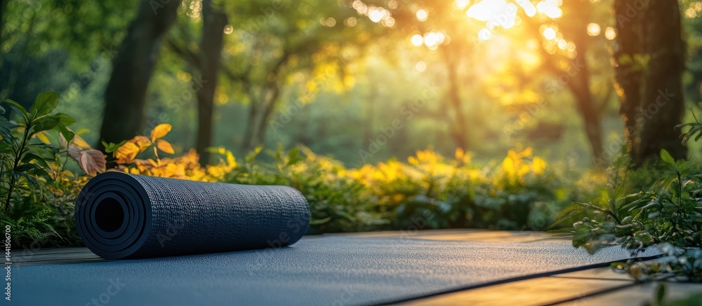 Yoga mat outdoors, park sunset, tranquil