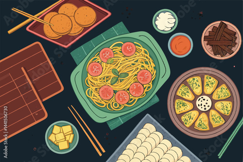 Create a stylized vector illustration of a vibrant overhead view of a bustling food market stall, showcasing diverse foods and colorful displays.