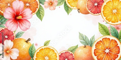 Watercolor citrus blossoms & fruit slices background , modern, texture