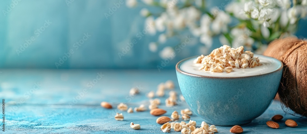 Yogurt with Granola and Almonds on a Blue Surface