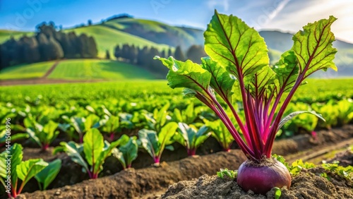 Close-up of sugar beet growing in a field with lush green foliage and vibrant purple stems surrounded by rolling hills