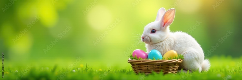 Fluffy white bunny, colorful eggs in basket, green grass, rabbit, colorful, detail Fluffy white bunny, colorful eggs in basket, green grass, rabbit, colorful, detail