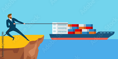 business man pulling a cargo ship full of containers