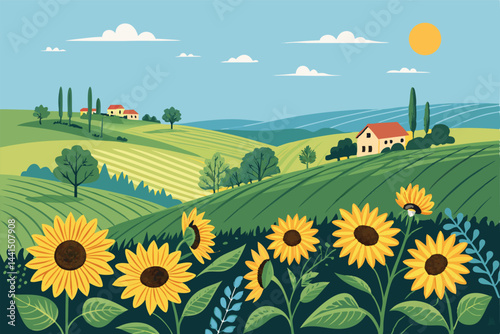 Vibrant summer countryside scene featuring expansive sunflower fields bathed in bright sunlight, under a clear blue sky.  Capture the idyllic rural beauty.