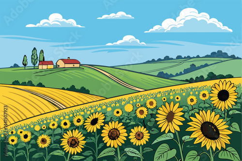 Vibrant summer countryside scene showcasing expansive, sunlit sunflower fields under a bright blue sky; idyllic rural landscape.