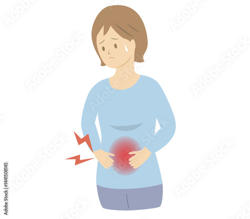 お腹が痛く苦しそうに大腸を抑える女性の上半身イラスト