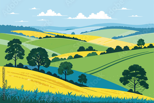 Vibrant summer landscape featuring sun-drenched rolling green hills under a clear blue sky.  Golden sunlight bathes the idyllic scene.