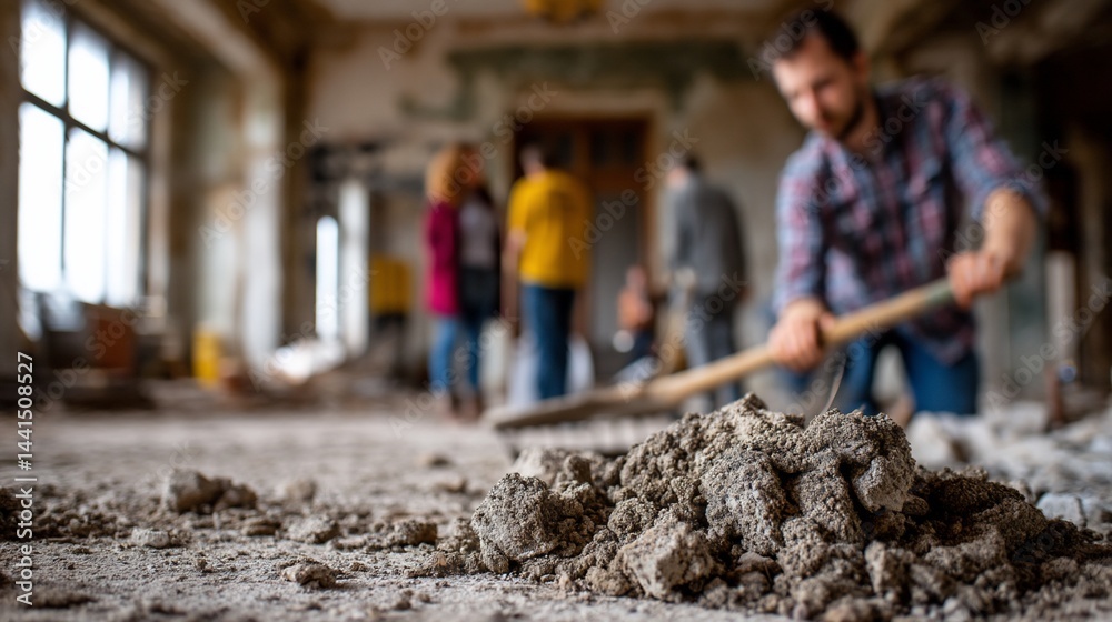 Naklejka premium Construction workers removing debris from ruined interior floor of old building. Possible use stock photo for renovation, construction, or interior design projects