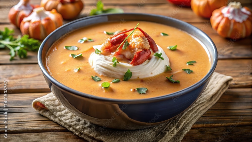 Richly colored creamy lobster bisque soup with visible chunks of succulent lobster meat and a dollop of whipped cream on top , aromatic, seafood Richly colored creamy lobster bisque soup with visible chunks of succulent lobster meat and a dollop of whipped cream on top , aromatic, seafood