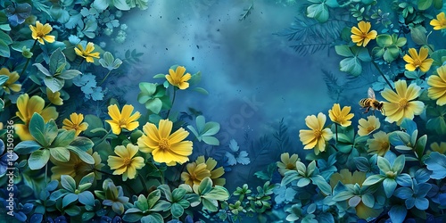 Small yellow bright summer flowers and bee on a background of blue and green foliage in a fairy garden. Macro artistic image. Banner format.