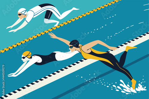Dynamic image of competitive swimmers diving into a pool during a thrilling swimming race; focus on the action and splashing water.