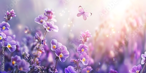 Soft Purple flowers of of violet with flying butterfly on blur spring background