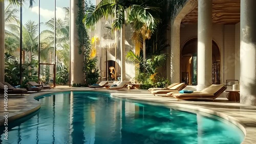Serene indoor pool oasis with tropical plants and natural sunlight streaming