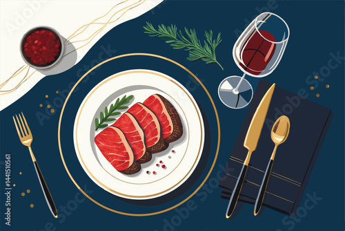 Create a top-down vector illustration of an elegant formal dining table setting, including silverware, plates, glasses, and napkins.  Show meticulous detail.