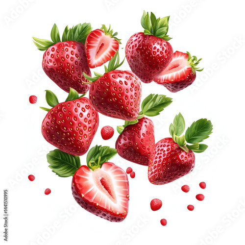 Fresh Strawberries with Leaves and Sliced Halves on White Background