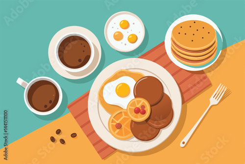 Create a top-down vector illustration of a cozy breakfast scene featuring coffee, toast, and perhaps fruit, emphasizing warmth and comfort.  Include realistic textures.