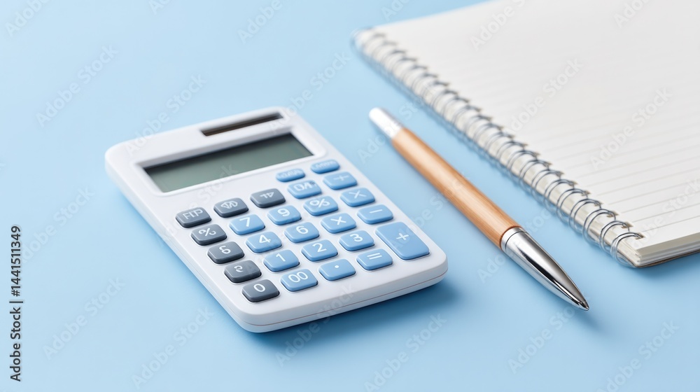 clean image of minimalist desk setup with calculator and pen to side suggesting financial planning clean image of minimalist desk setup with calculator and pen to side suggesting financial planning