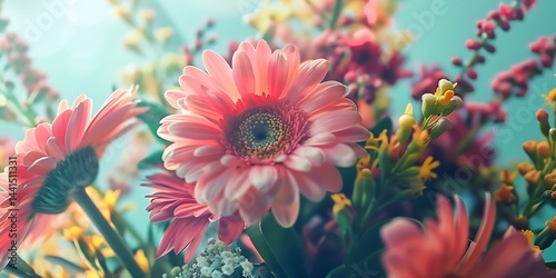 Spring floral composition made of fresh colorful flowers on light pastel background. Festive flower concept with copy space.