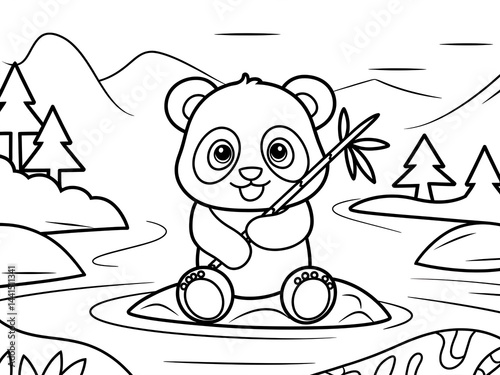 Cute Baby Panda Holding Bamboo, Simple Wildlife Coloring Page with a Happy Panda, Bold Black Lines on White Background photo