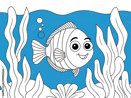 Happy Fish with Big Eyes, Simple Sea Life Coloring Page, Outline Illustration with Bold Lines, White Background photo