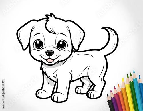 Happy Puppy Wagging Tail, Simple Dog Coloring Page with Clear Black Outline, White Background, Easy to Color for Kids photo