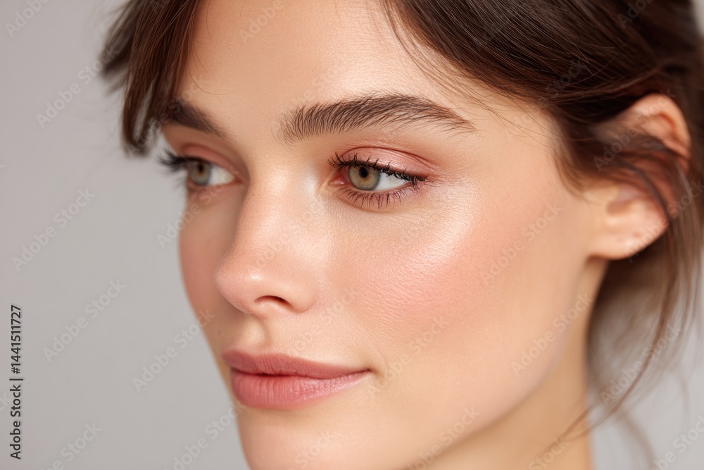 close-up of elegant everyday makeup with neutral tones on serene model face close-up of elegant everyday makeup with neutral tones on serene model face