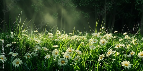 spring grass and daisy wildflowers isolated background