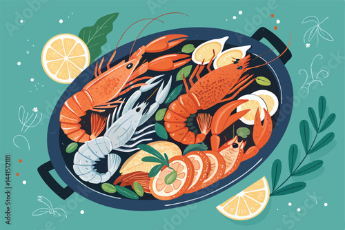 Overhead shot of a massive seafood platter brimming with shrimp, lobster, crab, oysters, and various fish, shared amongst a group of people.  Focus on the abundance and variety of seafood.