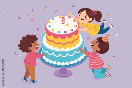 Overhead shot of joyful children gathered around a brightly decorated birthday cake, sharing slices and celebrating.