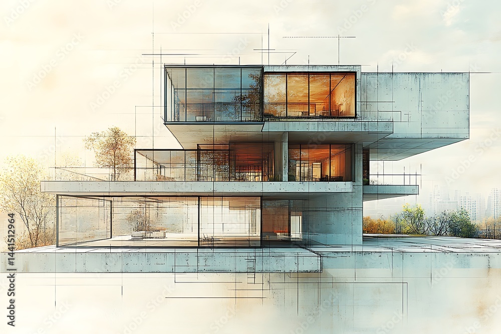 Modern concrete house design sketch.