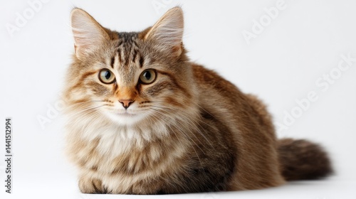 fluffy tabby cat sitting calmly against pristine white backdrop eyes wide open creating peaceful and serene scene