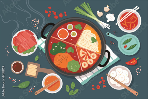 Overhead shot of a vibrant hot pot meal, showcasing diverse ingredients and steaming broth, surrounded by people enjoying a communal dining experience.