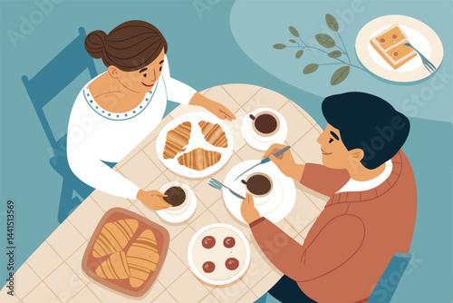 Create a top-down vector illustration of a couple enjoying a cozy breakfast together, showcasing intimate details like food, drinks, and setting.