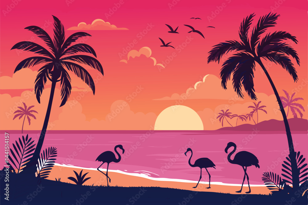 Φωτογραφία Vivid tropical sunset casting fiery hues over a pristine beach, where graceful flamingos stand silhouetted against the vibrant sky