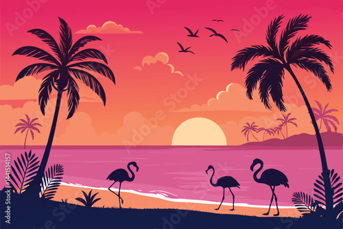 Vivid tropical sunset casting fiery hues over a pristine beach, where graceful flamingos stand silhouetted against the vibrant sky.