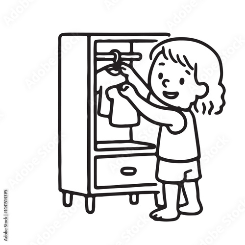 Hand Drawn Black and White Icons of Kids Dressing Themselves