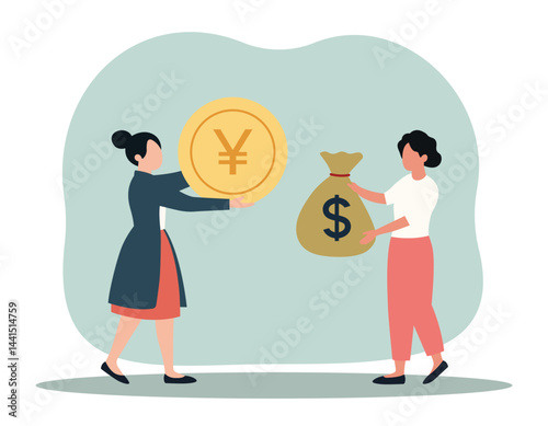 Illustration of a currency exchange between two women vector art
