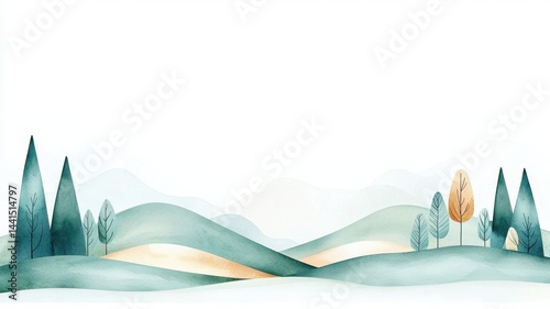 A serene minimalist watercolor painting of a valley, perfect for landscape art enthusiasts.