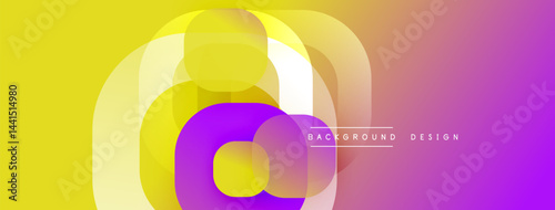 Abstract colorful layers create dynamic visual effect. Gradient transitions blend yellow, purple, pink hues. Modern design element.