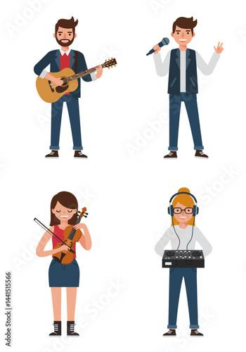 A simple and clean flat design illustration of four musician characters standing side by side on a plain white background. The style is colorful, modern, creative, and lively, with a minimalist.